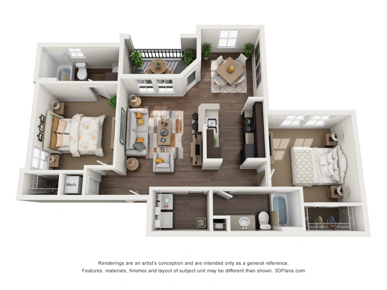 Floor plan for 2 beds, 2 baths, 1000 sqft